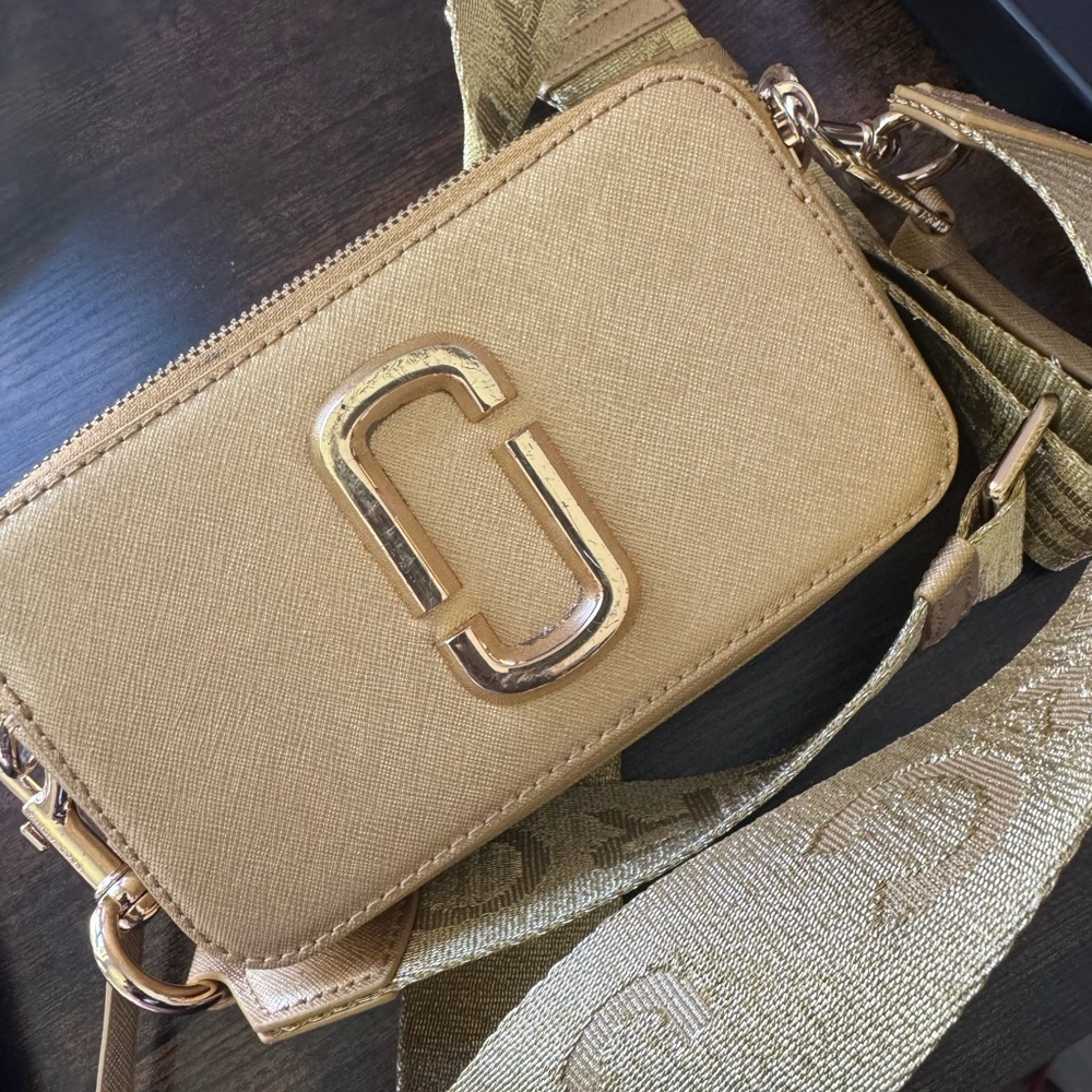 Marc Jacobs Gold Quilted Crossbody Bag with Chain Strap scuffs on front